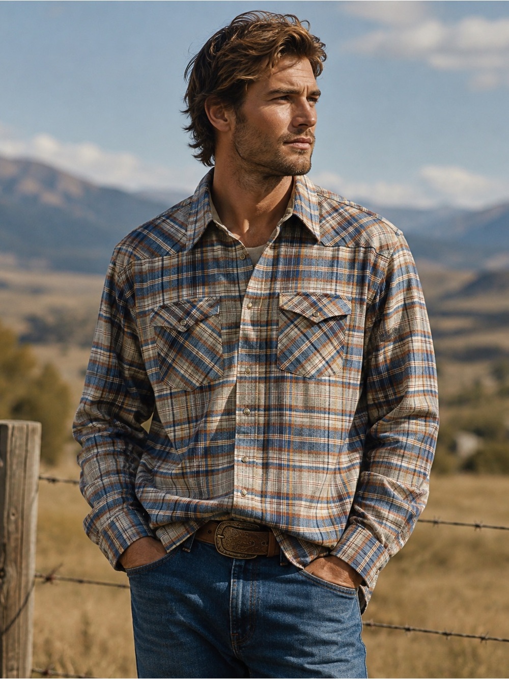 Pendleton Canyon Button Down Virgin Wool Shirt in Brown/Blue/Tan Multi Men's L